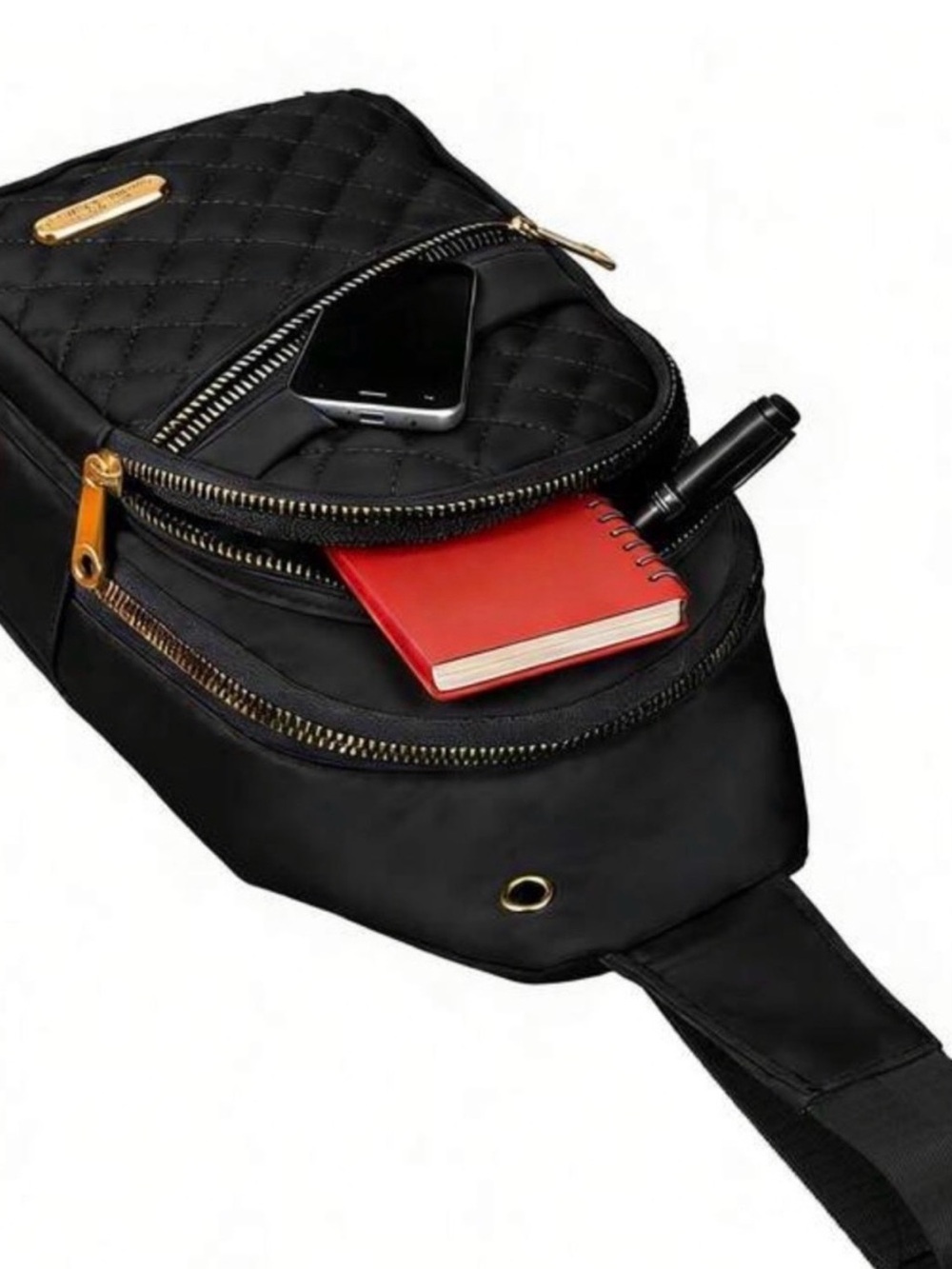 Quilted Black Crossbody Sling Bag with Diagonal Zip - Picture 2 of 3
